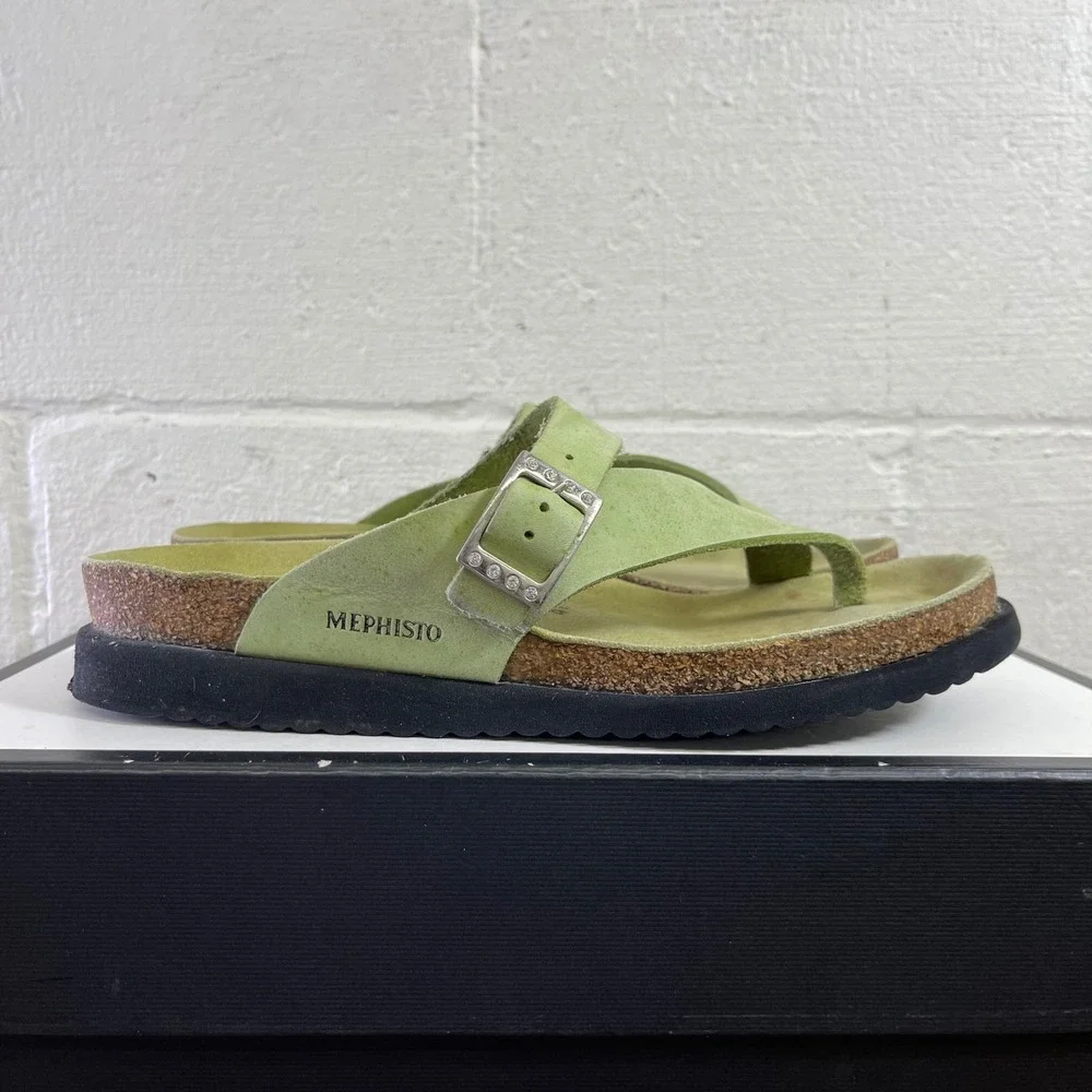 Mephisto Helen Sandals Lime Green‎ Nubuck Buckle Cork Slip On Womens 41 EU/11 US